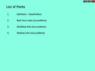 Loci of Points 
1. Definitions - Classifications 
2. Basic locus cases (six problems) 
3. Oscillating links (two problems) 
4. Rotating Links (two problems) 
 