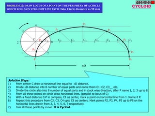 PROBLEM 22: DRAW LOCUS OF A POINT ON THE PERIPHERY OF A CIRCLE CYCLOID 
WHICH ROLLS ON STRAIGHT LINE PATH. Take Circle diameter as 50 mm 
P 
C1 C2 C3 C4 C5 C6 C7 C8 
p1 
p2 
p3 
p4 
p5 
p6 
p7 
p8 
1 
2 
3 
4 
5 
6 
7 
C 
D 
Solution Steps: 
1) From center C draw a horizontal line equal to D distance. 
2) Divide D distance into 8 number of equal parts and name them C1, C2, C3__ etc. 
3) Divide the circle also into 8 number of equal parts and in clock wise direction, after P name 1, 2, 3 up to 8. 
4) From all these points on circle draw horizontal lines. (parallel to locus of C) 
5) With a fixed distance C-P in compass, C1 as center, mark a point on horizontal line from 1. Name it P. 
6) Repeat this procedure from C2, C3, C4 upto C8 as centers. Mark points P2, P3, P4, P5 up to P8 on the 
horizontal lines drawn from 2, 3, 4, 5, 6, 7 respectively. 
7) Join all these points by curve. It is Cycloid. 
 