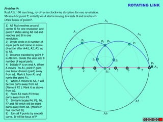 A1 
A2 
A3 
A B 
A4 
A5 
A6 
A7 
P 
p1 p2 
p3 
p4 
p5 
p6 p7 
p8 
1 2 3 
4 5 6 7 
Problem 9: 
Rod AB, 100 mm long, revolves in clockwise direction for one revolution. 
Meanwhile point P, initially on A starts moving towards B and reaches B. 
Draw locus of point P. 
ROTATING LINK 
1) AB Rod revolves around 
center O for one revolution and 
point P slides along AB rod and 
reaches end B in one 
revolution. 
2) Divide circle in 8 number of 
equal parts and name in arrow 
direction after A-A1, A2, A3, up 
to A8. 
3) Distance traveled by point P 
is AB mm. Divide this also into 8 
number of equal parts. 
4) Initially P is on end A. When 
A moves to A1, point P goes 
one linear division (part) away 
from A1. Mark it from A1 and 
name the point P1. 
5) When A moves to A2, P will 
be two parts away from A2 
(Name it P2 ). Mark it as above 
from A2. 
6) From A3 mark P3 three 
parts away from P3. 
7) Similarly locate P4, P5, P6, 
P7 and P8 which will be eight 
parts away from A8. [Means P 
has reached B]. 
8) Join all P points by smooth 
curve. It will be locus of P 
 