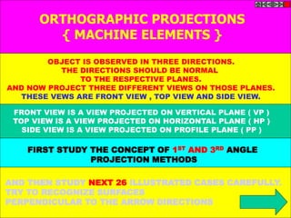 ORTHOGRAPHIC PROJECTIONS 
{ MACHINE ELEMENTS } 
OBJECT IS OBSERVED IN THREE DIRECTIONS. 
THE DIRECTIONS SHOULD BE NORMAL 
TO THE RESPECTIVE PLANES. 
AND NOW PROJECT THREE DIFFERENT VIEWS ON THOSE PLANES. 
THESE VEWS ARE FRONT VIEW , TOP VIEW AND SIDE VIEW. 
FRONT VIEW IS A VIEW PROJECTED ON VERTICAL PLANE ( VP ) 
TOP VIEW IS A VIEW PROJECTED ON HORIZONTAL PLANE ( HP ) 
SIDE VIEW IS A VIEW PROJECTED ON PROFILE PLANE ( PP ) 
FIRST STUDY THE CONCEPT OF 1ST AND 3RD ANGLE 
PROJECTION METHODS 
AND THEN STUDY NEXT 26 ILLUSTRATED CASES CAREFULLY. 
TRY TO RECOGNIZE SURFACES 
PERPENDICULAR TO THE ARROW DIRECTIONS 
 