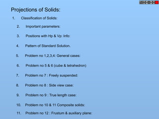 Projections of Solids:
1. Classification of Solids:
2. Important parameters:
3. Positions with Hp & Vp: Info:
4. Pattern of Standard Solution.
5. Problem no 1,2,3,4: General cases:
6. Problem no 5 & 6 (cube & tetrahedron)
7. Problem no 7 : Freely suspended:
8. Problem no 8 : Side view case:
9. Problem no 9 : True length case:
10. Problem no 10 & 11 Composite solids:
11. Problem no 12 : Frustum & auxiliary plane:
 