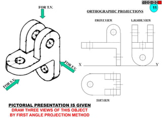FOR T.V.
FOR
S.V.
FOR
F.V.
PICTORIAL PRESENTATION IS GIVEN
DRAW THREE VIEWS OF THIS OBJECT
BY FIRST ANGLE PROJECTION METHOD
11
ORTHOGRAPHIC PROJECTIONS
FRONT VIEW
TOP VIEW
L.H.SIDE VIEW
X Y
 