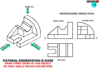 FOR T.V.
FOR
S.V. FOR
F.V.
PICTORIAL PRESENTATION IS GIVEN
DRAW THREE VIEWS OF THIS OBJECT
BY FIRST ANGLE PROJECTION METHOD
12
ORTHOGRAPHIC PROJECTIONS
FRONT VIEW
TOP VIEW
L.H.SIDE VIEW
X Y
 