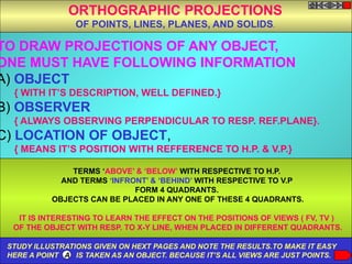 TO DRAW PROJECTIONS OF ANY OBJECT,
ONE MUST HAVE FOLLOWING INFORMATION
A) OBJECT
{ WITH IT’S DESCRIPTION, WELL DEFINED.}
B) OBSERVER
{ ALWAYS OBSERVING PERPENDICULAR TO RESP. REF.PLANE}.
C) LOCATION OF OBJECT,
{ MEANS IT’S POSITION WITH REFFERENCE TO H.P. & V.P.}
TERMS ‘ABOVE’ & ‘BELOW’ WITH RESPECTIVE TO H.P.
AND TERMS ‘INFRONT’ & ‘BEHIND’ WITH RESPECTIVE TO V.P
FORM 4 QUADRANTS.
OBJECTS CAN BE PLACED IN ANY ONE OF THESE 4 QUADRANTS.
IT IS INTERESTING TO LEARN THE EFFECT ON THE POSITIONS OF VIEWS ( FV, TV )
OF THE OBJECT WITH RESP. TO X-Y LINE, WHEN PLACED IN DIFFERENT QUADRANTS.
ORTHOGRAPHIC PROJECTIONS
OF POINTS, LINES, PLANES, AND SOLIDS.
STUDY ILLUSTRATIONS GIVEN ON HEXT PAGES AND NOTE THE RESULTS.TO MAKE IT EASY
HERE A POINT A IS TAKEN AS AN OBJECT. BECAUSE IT’S ALL VIEWS ARE JUST POINTS.
 