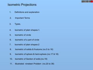Isometric Projections
1. Definitions and explanation
2. Important Terms
3. Types.
4. Isometric of plain shapes-1.
5. Isometric of circle
6. Isometric of a part of circle
7. Isometric of plain shapes-2
8. Isometric of solids & frustums (no.5 to 16)
9. Isometric of sphere & hemi-sphere (no.17 & 18)
10. Isometric of Section of solid.(no.19)
11. Illustrated nineteen Problem (no.20 to 38)
 