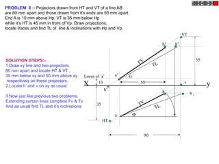 X y
HT
VT
h’
a’
v
b’
a
b
80
50
b’1


TL
TL
FV
TV
b 1
10
35
55
Locus of a’
PROBLEM 8 :- Projectors drawn from HT and VT of a line AB
are 80 mm apart and those drawn from it’s ends are 50 mm apart.
End A is 10 mm above Hp, VT is 35 mm below Hp
while it’s HT is 45 mm in front of Vp. Draw projections,
locate traces and find TL of line & inclinations with Hp and Vp.
SOLUTION STEPS:-
1.Draw xy line and two projectors,
80 mm apart and locate HT & VT ,
35 mm below xy and 55 mm above xy
respectively on these projectors.
2.Locate h’ and v on xy as usual.
3.Now just like previous two problems,
Extending certain lines complete Fv & Tv
And as usual find TL and it’s inclinations.
 