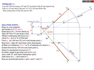 PROBLEM 9 :-
Line AB 100 mm long is 300
and 450
inclined to Hp & Vp respectively.
End A is 10 mm above Hp and it’s VT is 20 mm below Hp
.Draw projections of the line and it’s HT.
X Y
VT’
v
10
20
Locus of a & a1’
 (300
)
(450
)
a1’
100 mm
b1’
b1
a1
100 mm
b’
a’
b
a
FV
TV
HT
h’
SOLUTION STEPS:-
Draw xy, one projector
and locate on it VT and V.
Draw locus of a’ 10 mm above xy.
Take 300
from VT and draw a line.
Where it intersects with locus of a’
name it a1’ as it is TL of that part.
From a1’ cut 100 mm (TL) on it and locate point b1’
Now from v take 450
and draw a line downwards
& Mark on it distance VT-a1’ I.e.TL of extension & name it a1
Extend this line by 100 mm and mark point b1.
Draw it’s component on locus of VT’
& further rotate to get other end of Fv i.e.b’
Join it with VT’ and mark intersection point
(with locus of a1’ ) and name it a’
Now as usual locate points a and b and h’ and HT.
 