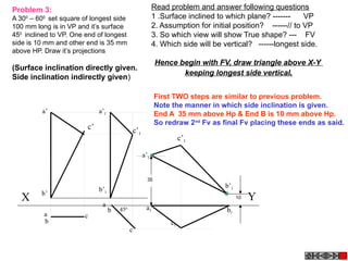 c
c1
X Y
450
a’1
b’1
c’1
a
c
a’
a
b1
b’
b
a1b
a’1
b’1
c’1
c’
35
10
Problem 3:
A 300
– 600
set square of longest side
100 mm long is in VP and it’s surface
450
inclined to VP. One end of longest
side is 10 mm and other end is 35 mm
above HP. Draw it’s projections
(Surface inclination directly given.
Side inclination indirectly given)
Read problem and answer following questions
1 .Surface inclined to which plane? ------- VP
2. Assumption for initial position? ------// to VP
3. So which view will show True shape? --- FV
4. Which side will be vertical? ------longest side.
Hence begin with FV, draw triangle above X-Y
keeping longest side vertical.
First TWO steps are similar to previous problem.
Note the manner in which side inclination is given.
End A 35 mm above Hp & End B is 10 mm above Hp.
So redraw 2nd
Fv as final Fv placing these ends as said.
 