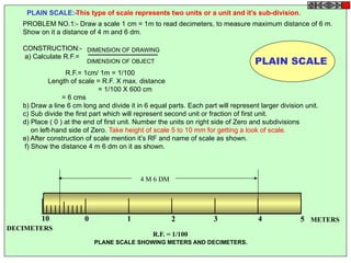 0 1 2 3 4 510
PLAIN SCALE:-This type of scale represents two units or a unit and it’s sub-division.
METERS
DECIMETERS
R.F. = 1/100
4 M 6 DM
PLANE SCALE SHOWING METERS AND DECIMETERS.
PLAIN SCALE
PROBLEM NO.1:- Draw a scale 1 cm = 1m to read decimeters, to measure maximum distance of 6 m.
Show on it a distance of 4 m and 6 dm.
CONSTRUCTION:-
a) Calculate R.F.=
R.F.= 1cm/ 1m = 1/100
Length of scale = R.F. X max. distance
= 1/100 X 600 cm
= 6 cms
b) Draw a line 6 cm long and divide it in 6 equal parts. Each part will represent larger division unit.
c) Sub divide the first part which will represent second unit or fraction of first unit.
d) Place ( 0 ) at the end of first unit. Number the units on right side of Zero and subdivisions
on left-hand side of Zero. Take height of scale 5 to 10 mm for getting a look of scale.
e) After construction of scale mention it’s RF and name of scale as shown.
f) Show the distance 4 m 6 dm on it as shown.
DIMENSION OF DRAWING
DIMENSION OF OBJECT
 