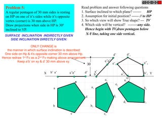 Problem 5:
A regular pentagon of 30 mm sides is resting
on HP on one of it’s sides while it’s opposite
vertex (corner) is 30 mm above HP.
Draw projections when side in HP is 300
inclined to VP.
Read problem and answer following questions
1. Surface inclined to which plane? ------- HP
2. Assumption for initial position? ------ // to HP
3. So which view will show True shape? --- TV
4. Which side will be vertical? --------any side.
Hence begin with TV,draw pentagon below
X-Y line, taking one side vertical.
b’
d’
a’
c’e’
a1
b1
c1d1
e1
b1
c1
d1
a1
e1
b’1
e’1
c’1
d’1
a’1
X Ya’b’ d’c’e’
30
a
b
c
d
e
300
SURFACE INCLINATION INDIRECTLY GIVEN
SIDE INCLINATION DIRECTLY GIVEN:
ONLY CHANGE is
the manner in which surface inclination is described:
One side on Hp & it’s opposite corner 30 mm above Hp.
Hence redraw 1st
Fv as a 2nd
Fv making above arrangement.
Keep a’b’ on xy & d’ 30 mm above xy.
 