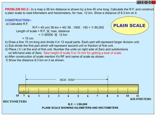 PROBLEM NO.2:- In a map a 36 km distance is shown by a line 45 cms long. Calculate the R.F. and construct
a plain scale to read kilometers and hectometers, for max. 12 km. Show a distance of 8.3 km on it.
CONSTRUCTION:-
a) Calculate R.F.
R.F.= 45 cm/ 36 km = 45/ 36 . 1000 . 100 = 1/ 80,000
Length of scale = R.F. max. distance
= 1/ 80000 12 km
= 15 cm
b) Draw a line 15 cm long and divide it in 12 equal parts. Each part will represent larger division unit.
c) Sub divide the first part which will represent second unit or fraction of first unit.
d) Place ( 0 ) at the end of first unit. Number the units on right side of Zero and subdivisions
on left-hand side of Zero. Take height of scale 5 to 10 mm for getting a look of scale.
e) After construction of scale mention it’s RF and name of scale as shown.
f) Show the distance 8.3 km on it as shown.
KILOMETERS
HECTOMETERS
8KM 3HM
R.F. = 1/80,000
PLANE SCALE SHOWING KILOMETERS AND HECTOMETERS
0 1 2 3 4 5 6 7 8 9 10 1110 5
PLAIN SCALE
 