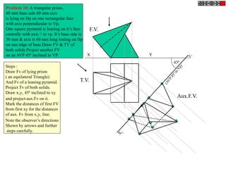 450
(AVP
450
toVp)
y
1
X
1
F.V.
T.V.
Aux.F.V.
X Y
Problem 10: A triangular prism,
40 mm base side 60 mm axis
is lying on Hp on one rectangular face
with axis perpendicular to Vp.
One square pyramid is leaning on it’s face
centrally with axis // to vp. It’s base side is
30 mm & axis is 60 mm long resting on Hp
on one edge of base.Draw FV & TV of
both solids.Project another FV
on an AVP 450
inclined to VP.
Steps :
Draw Fv of lying prism
( an equilateral Triangle)
And Fv of a leaning pyramid.
Project Tv of both solids.
Draw x1y1 450
inclined to xy
and project aux.Fv on it.
Mark the distances of first FV
from first xy for the distances
of aux. Fv from x1y1 line.
Note the observer’s directions
Shown by arrows and further
steps carefully.
 