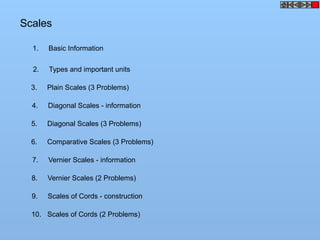 Scales
1. Basic Information
2. Types and important units
3. Plain Scales (3 Problems)
4. Diagonal Scales - information
5. Diagonal Scales (3 Problems)
6. Comparative Scales (3 Problems)
7. Vernier Scales - information
8. Vernier Scales (2 Problems)
9. Scales of Cords - construction
10. Scales of Cords (2 Problems)
 