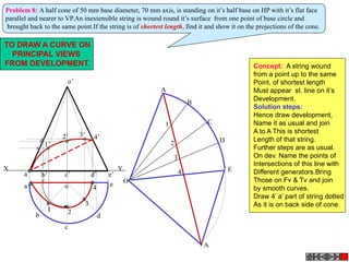 a’ b’ c’ d’
o’
e’
a
b
c
d
o e
X Y
A
B
C
D
E
A
O
2
3
4
1
Problem 8: A half cone of 50 mm base diameter, 70 mm axis, is standing on it’s half base on HP with it’s flat face
parallel and nearer to VP.An inextensible string is wound round it’s surface from one point of base circle and
brought back to the same point.If the string is of shortest length, find it and show it on the projections of the cone.
1 2
3
4
1’
2’ 3’ 4’
TO DRAW A CURVE ON
PRINCIPAL VIEWS
FROM DEVELOPMENT. Concept: A string wound
from a point up to the same
Point, of shortest length
Must appear st. line on it’s
Development.
Solution steps:
Hence draw development,
Name it as usual and join
A to A This is shortest
Length of that string.
Further steps are as usual.
On dev. Name the points of
Intersections of this line with
Different generators.Bring
Those on Fv & Tv and join
by smooth curves.
Draw 4’ a’ part of string dotted
As it is on back side of cone.
 