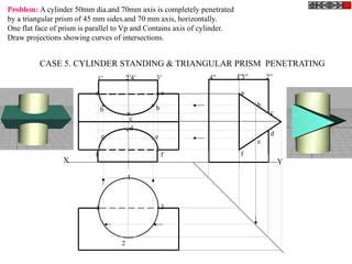 X Y
1
2
3
4
4” 1”3” 2”1’ 2’4’ 3’
b
e
a
c
d
f
bb
c
d
e e
aa
f f
CASE 5. CYLINDER STANDING & TRIANGULAR PRISM PENETRATING
Problem: A cylinder 50mm dia.and 70mm axis is completely penetrated
by a triangular prism of 45 mm sides.and 70 mm axis, horizontally.
One flat face of prism is parallel to Vp and Contains axis of cylinder.
Draw projections showing curves of intersections.
 
