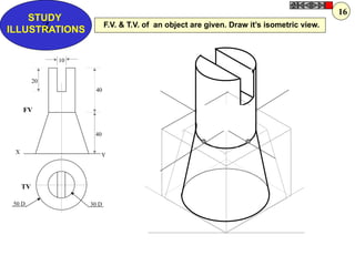 Z
STUDY
ILLUSTRATIONS
X Y
30 D50 D
10
40
20
40
FV
TV
F.V. & T.V. of an object are given. Draw it’s isometric view.
16
 
