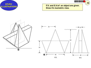 30
40
10
60
30
40
F.V. S.V.
O
O
F.V. and S.V.of an object are given.
Draw it’s isometric view.
Z
STUDY
ILLUSTRATIONS
38
 