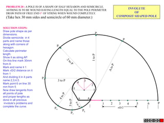 1
2
34
5
6
1 2 3 4 5 6
A
P
D/2
P1
1toP
P2
2
to
P
P3
3 to P
P4
4toP
P
AtoPP5
5toP
P6
6toP
INVOLUTE
OF
COMPOSIT SHAPED POLE
PROBLEM 20 : A POLE IS OF A SHAPE OF HALF HEXABON AND SEMICIRCLE.
ASTRING IS TO BE WOUND HAVING LENGTH EQUAL TO THE POLE PERIMETER
DRAW PATH OF FREE END P OF STRING WHEN WOUND COMPLETELY.
(Take hex 30 mm sides and semicircle of 60 mm diameter.)
SOLUTION STEPS:
Draw pole shape as per
dimensions.
Divide semicircle in 4
parts and name those
along with corners of
hexagon.
Calculate perimeter
length.
Show it as string AP.
On this line mark 30mm
from A
Mark and name it 1
Mark D/2 distance on it
from 1
And dividing it in 4 parts
name 2,3,4,5.
Mark point 6 on line 30
mm from 5
Now draw tangents from
all points of pole
and proper lengths as
done in all previous
involute’s problems and
complete the curve.
 