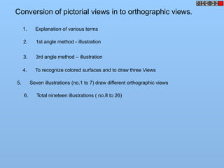 Conversion of pictorial views in to orthographic views.
1. Explanation of various terms
2. 1st angle method - illustration
3. 3rd angle method – illustration
4. To recognize colored surfaces and to draw three Views
5. Seven illustrations (no.1 to 7) draw different orthographic views
6. Total nineteen illustrations ( no.8 to 26)
 
