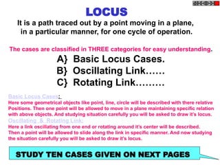 LOCUS
It is a path traced out by a point moving in a plane,
in a particular manner, for one cycle of operation.
The cases are classified in THREE categories for easy understanding.
A} Basic Locus Cases.
B} Oscillating Link……
C} Rotating Link………
Basic Locus Cases:
Here some geometrical objects like point, line, circle will be described with there relative
Positions. Then one point will be allowed to move in a plane maintaining specific relation
with above objects. And studying situation carefully you will be asked to draw it’s locus.
Oscillating & Rotating Link:
Here a link oscillating from one end or rotating around it’s center will be described.
Then a point will be allowed to slide along the link in specific manner. And now studying
the situation carefully you will be asked to draw it’s locus.
STUDY TEN CASES GIVEN ON NEXT PAGES
 
