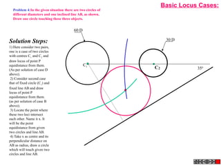 2CC1
30 D
60 D
350
C1
Solution Steps:
1) Here consider two pairs,
one is a case of two circles
with centres C1
and C2
and
draw locus of point P
equidistance from them.
(As per solution of case D
above).
2) Consider second case
that of fixed circle (C1
) and
fixed line AB and draw
locus of point P
equidistance from them.
(as per solution of case B
above).
3) Locate the point where
these two loci intersect
each other. Name it x. It
will be the point
equidistance from given
two circles and line AB.
4) Take x as centre and its
perpendicular distance on
AB as radius, draw a circle
which will touch given two
circles and line AB.
Problem 4:In the given situation there are two circles of
different diameters and one inclined line AB, as shown.
Draw one circle touching these three objects.
Basic Locus Cases:
 