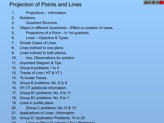 Projection of Points and Lines
1. Projections – Information
2. Notations
3. Quadrant Structure.
5. Projections of a Point – in 1st quadrant.
6. Lines – Objective & Types.
7. Simple Cases of Lines.
8. Lines inclined to one plane.
9. Lines inclined to both planes.
10. Imp. Observations for solution
11. Important Diagram & Tips.
12. Group A problems 1 to 5
13. Traces of Line ( HT & VT )
14. To locate Traces.
15. Group B problems: No. 6 to 8
16. HT-VT additional information.
17. Group B1 problems: No. 9 to 11
18. Group B1 problems: No. 9 to 1
4. Object in different Quadrants – Effect on position of views.
19. Lines in profile plane
20. Group C problems: No.12 & 13
21. Applications of Lines:: Information
22. Group D: Application Problems: 14 to 23
 