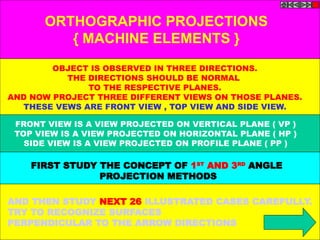 ORTHOGRAPHIC PROJECTIONS
{ MACHINE ELEMENTS }
OBJECT IS OBSERVED IN THREE DIRECTIONS.
THE DIRECTIONS SHOULD BE NORMAL
TO THE RESPECTIVE PLANES.
AND NOW PROJECT THREE DIFFERENT VIEWS ON THOSE PLANES.
THESE VEWS ARE FRONT VIEW , TOP VIEW AND SIDE VIEW.
FRONT VIEW IS A VIEW PROJECTED ON VERTICAL PLANE ( VP )
TOP VIEW IS A VIEW PROJECTED ON HORIZONTAL PLANE ( HP )
SIDE VIEW IS A VIEW PROJECTED ON PROFILE PLANE ( PP )
AND THEN STUDY NEXT 26 ILLUSTRATED CASES CAREFULLY.
TRY TO RECOGNIZE SURFACES
PERPENDICULAR TO THE ARROW DIRECTIONS
FIRST STUDY THE CONCEPT OF 1ST
AND 3RD
ANGLE
PROJECTION METHODS
 