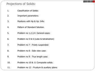 Projections of Solids:
1. Classification of Solids:
2. Important parameters:
3. Positions with Hp & Vp: Info:
4. Pattern of Standard Solution.
5. Problem no 1,2,3,4: General cases:
6. Problem no 5 & 6 (cube & tetrahedron)
7. Problem no 7 : Freely suspended:
8. Problem no 8 : Side view case:
9. Problem no 9 : True length case:
10. Problem no 10 & 11 Composite solids:
11. Problem no 12 : Frustum & auxiliary plane:
 