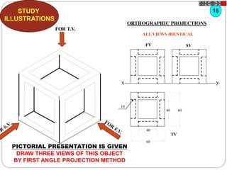 x y
FV SV
Z
STUDY
ILLUSTRATIONS
TV
10
40 60
60
40
ALL VIEWS IDENTICAL
FOR T.V.
PICTORIAL PRESENTATION IS GIVEN
DRAW THREE VIEWS OF THIS OBJECT
BY FIRST ANGLE PROJECTION METHOD
15
ORTHOGRAPHIC PROJECTIONS
 