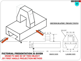 O
O
20
20
15
40
100
30
60
30
20
20
50
HEX PART
PICTORIAL PRESENTATION IS GIVEN
DRAW FV ABD SV OF THIS OBJECT
BY FIRST ANGLE PROJECTION METHOD
23
ORTHOGRAPHIC PROJECTIONS
FRONT VIEW L.H.SIDE VIEW
 