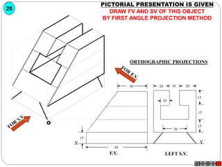 YX
F.V. LEFT S.V.
20 2010
15
15
15
30
10
30
50
15
O
PICTORIAL PRESENTATION IS GIVEN
DRAW FV AND SV OF THIS OBJECT
BY FIRST ANGLE PROJECTION METHOD
26
ORTHOGRAPHIC PROJECTIONS
 