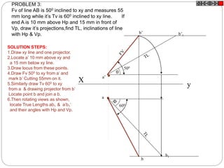 X
a’
y
a
b’
500
b
600
b1
b’1


PROBLEM 3:
Fv of line AB is 500 inclined to xy and measures 55
mm long while it’s Tv is 600 inclined to xy line. If
end A is 10 mm above Hp and 15 mm in front of
Vp, draw it’s projections,find TL, inclinations of line
with Hp & Vp.
SOLUTION STEPS:
1.Draw xy line and one projector.
2.Locate a’ 10 mm above xy and
a 15 mm below xy line.
3.Draw locus from these points.
4.Draw Fv 500 to xy from a’ and
mark b’ Cutting 55mm on it.
5.Similarly draw Tv 600 to xy
from a & drawing projector from b’
Locate point b and join a b.
6.Then rotating views as shown,
locate True Lengths ab1 & a’b1’
and their angles with Hp and Vp.
 