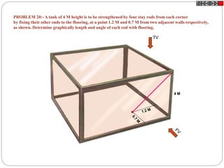 4 M
TV
PROBLEM 20:- A tank of 4 M height is to be strengthened by four stay rods from each corner
by fixing their other ends to the flooring, at a point 1.2 M and 0.7 M from two adjacent walls respectively,
as shown. Determine graphically length and angle of each rod with flooring.
 