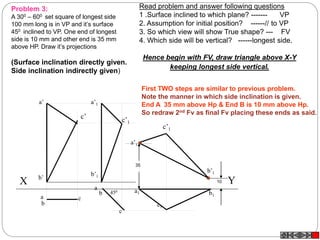 c
c1
X Y
450
a’1
b’1
c’1
a
c
a’
a
b1
b’
b
a1b
a’1
b’1
c’1
c’
35
10
Problem 3:
A 300 – 600 set square of longest side
100 mm long is in VP and it’s surface
450 inclined to VP. One end of longest
side is 10 mm and other end is 35 mm
above HP. Draw it’s projections
(Surface inclination directly given.
Side inclination indirectly given)
Read problem and answer following questions
1 .Surface inclined to which plane? ------- VP
2. Assumption for initial position? ------// to VP
3. So which view will show True shape? --- FV
4. Which side will be vertical? ------longest side.
Hence begin with FV, draw triangle above X-Y
keeping longest side vertical.
First TWO steps are similar to previous problem.
Note the manner in which side inclination is given.
End A 35 mm above Hp & End B is 10 mm above Hp.
So redraw 2nd Fv as final Fv placing these ends as said.
 
