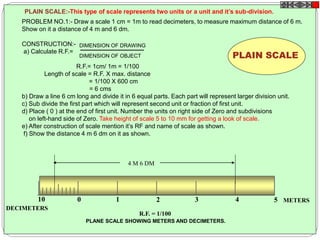 0 1 2 3 4 510
PLAIN SCALE:-This type of scale represents two units or a unit and it’s sub-division.
METERS
DECIMETERS
R.F. = 1/100
4 M 6 DM
PLANE SCALE SHOWING METERS AND DECIMETERS.
PLAIN SCALE
PROBLEM NO.1:- Draw a scale 1 cm = 1m to read decimeters, to measure maximum distance of 6 m.
Show on it a distance of 4 m and 6 dm.
CONSTRUCTION:-
a) Calculate R.F.=
R.F.= 1cm/ 1m = 1/100
Length of scale = R.F. X max. distance
= 1/100 X 600 cm
= 6 cms
b) Draw a line 6 cm long and divide it in 6 equal parts. Each part will represent larger division unit.
c) Sub divide the first part which will represent second unit or fraction of first unit.
d) Place ( 0 ) at the end of first unit. Number the units on right side of Zero and subdivisions
on left-hand side of Zero. Take height of scale 5 to 10 mm for getting a look of scale.
e) After construction of scale mention it’s RF and name of scale as shown.
f) Show the distance 4 m 6 dm on it as shown.
DIMENSION OF DRAWING
DIMENSION OF OBJECT
 