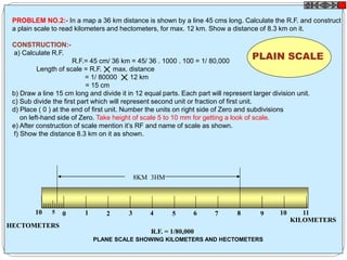 PROBLEM NO.2:- In a map a 36 km distance is shown by a line 45 cms long. Calculate the R.F. and construct
a plain scale to read kilometers and hectometers, for max. 12 km. Show a distance of 8.3 km on it.
CONSTRUCTION:-
a) Calculate R.F.
R.F.= 45 cm/ 36 km = 45/ 36 . 1000 . 100 = 1/ 80,000
Length of scale = R.F. max. distance
= 1/ 80000 12 km
= 15 cm
b) Draw a line 15 cm long and divide it in 12 equal parts. Each part will represent larger division unit.
c) Sub divide the first part which will represent second unit or fraction of first unit.
d) Place ( 0 ) at the end of first unit. Number the units on right side of Zero and subdivisions
on left-hand side of Zero. Take height of scale 5 to 10 mm for getting a look of scale.
e) After construction of scale mention it’s RF and name of scale as shown.
f) Show the distance 8.3 km on it as shown.
KILOMETERS
HECTOMETERS
8KM 3HM
R.F. = 1/80,000
PLANE SCALE SHOWING KILOMETERS AND HECTOMETERS
0 1 2 3 4 5 6 7 8 9 10 1110 5
PLAIN SCALE
 