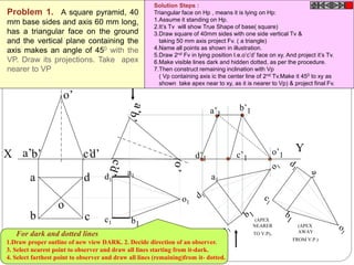 X
Y
a
b c
d
o
o’
d’c’b’a’
o1
d1
b1
c1
a1
a’1
d’1 c’1
b’1
o’1
a1
(APEX
NEARER
TO V.P).
(APEX
AWAY
FROM V.P.)
Problem 1. A square pyramid, 40
mm base sides and axis 60 mm long,
has a triangular face on the ground
and the vertical plane containing the
axis makes an angle of 450 with the
VP. Draw its projections. Take apex
nearer to VP
Solution Steps :
Triangular face on Hp , means it is lying on Hp:
1.Assume it standing on Hp.
2.It’s Tv will show True Shape of base( square)
3.Draw square of 40mm sides with one side vertical Tv &
taking 50 mm axis project Fv. ( a triangle)
4.Name all points as shown in illustration.
5.Draw 2nd Fv in lying position I.e.o’c’d’ face on xy. And project it’s Tv.
6.Make visible lines dark and hidden dotted, as per the procedure.
7.Then construct remaining inclination with Vp
( Vp containing axis ic the center line of 2nd Tv.Make it 450 to xy as
shown take apex near to xy, as it is nearer to Vp) & project final Fv.
For dark and dotted lines
1.Draw proper outline of new view DARK. 2. Decide direction of an observer.
3. Select nearest point to observer and draw all lines starting from it-dark.
4. Select farthest point to observer and draw all lines (remaining)from it- dotted.
 