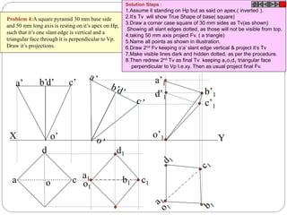 b b1
X Y
a
d
co
d’ c’b’a’
o’
c1
a1
d1
o1
o’1
a’1
b’1
c’1
d’1
Problem 4:A square pyramid 30 mm base side
and 50 mm long axis is resting on it’s apex on Hp,
such that it’s one slant edge is vertical and a
triangular face through it is perpendicular to Vp.
Draw it’s projections.
Solution Steps :
1.Assume it standing on Hp but as said on apex.( inverted ).
2.It’s Tv will show True Shape of base( square)
3.Draw a corner case square of 30 mm sides as Tv(as shown)
Showing all slant edges dotted, as those will not be visible from top.
4.taking 50 mm axis project Fv. ( a triangle)
5.Name all points as shown in illustration.
6.Draw 2nd Fv keeping o’a’ slant edge vertical & project it’s Tv
7.Make visible lines dark and hidden dotted, as per the procedure.
8.Then redrew 2nd Tv as final Tv keeping a1o1d1 triangular face
perpendicular to Vp I.e.xy. Then as usual project final Fv.
 