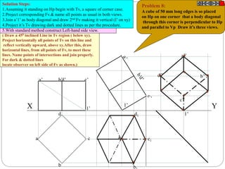 a’ d’ c’b’
b
c
d
a a1
b
d1
c1
d’’
c’’
a’’
b’’
X Y1’
1’
1’
Problem 8:
A cube of 50 mm long edges is so placed
on Hp on one corner that a body diagonal
through this corner is perpendicular to Hp
and parallel to Vp Draw it’s three views.
Solution Steps:
1.Assuming it standing on Hp begin with Tv, a square of corner case.
2.Project corresponding Fv.& name all points as usual in both views.
3.Join a’1’ as body diagonal and draw 2nd Fv making it vertical (I’ on xy)
4.Project it’s Tv drawing dark and dotted lines as per the procedure.
5.With standard method construct Left-hand side view.
( Draw a 450 inclined Line in Tv region ( below xy).
Project horizontally all points of Tv on this line and
reflect vertically upward, above xy.After this, draw
horizontal lines, from all points of Fv, to meet these
lines. Name points of intersections and join properly.
For dark & dotted lines
locate observer on left side of Fv as shown.)
 