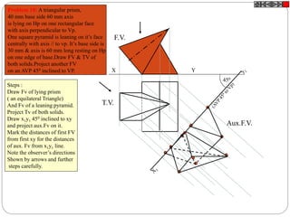 450
F.V.
T.V.
Aux.F.V.
X Y
Problem 10: A triangular prism,
40 mm base side 60 mm axis
is lying on Hp on one rectangular face
with axis perpendicular to Vp.
One square pyramid is leaning on it’s face
centrally with axis // to vp. It’s base side is
30 mm & axis is 60 mm long resting on Hp
on one edge of base.Draw FV & TV of
both solids.Project another FV
on an AVP 450 inclined to VP.
Steps :
Draw Fv of lying prism
( an equilateral Triangle)
And Fv of a leaning pyramid.
Project Tv of both solids.
Draw x1y1 450 inclined to xy
and project aux.Fv on it.
Mark the distances of first FV
from first xy for the distances
of aux. Fv from x1y1 line.
Note the observer’s directions
Shown by arrows and further
steps carefully.
 