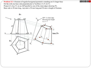 X Y
X1
Y1
AIP // to slant edge
Showing true length
i.e. a’- 1’
a’ b’ e’ c’ d’
1’ 2’5’ 3’4’
Fv
Tv
Aux.Tv
1
2
3
4
5
a
b
d
c
e
1 2
3
4
5
b1
c1
d1
e1
a1
Problem 12: A frustum of regular hexagonal pyramid is standing on it’s larger base
On Hp with one base side perpendicular to Vp.Draw it’s Fv & Tv.
Project it’s Aux.Tv on an AIP parallel to one of the slant edges showing TL.
Base side is 50 mm long , top side is 30 mm long and 50 mm is height of frustum.
 