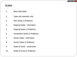 Scales
1. Basic Information
2. Types and important units
3. Plain Scales (3 Problems)
4. Diagonal Scales - information
5. Diagonal Scales (3 Problems)
6. Comparative Scales (3 Problems)
7. Vernier Scales - information
8. Vernier Scales (2 Problems)
9. Scales of Cords - construction
10. Scales of Cords (2 Problems)
 