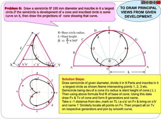 o’
h
a
b
c
d
g
f
o e
a’ b’ c’ g’ d’f’ e’h’X Y
 = R
L
3600
R=Base circle radius.
L=Slant height.

A
B
C
D
E
F
G
H
A
O
1
3
2
4
7
6
5
L
1
2
3
4
5
6
7
1’
2’
3’ 4’5’
6’
7’
Problem 6: Draw a semicircle 0f 100 mm diameter and inscribe in it a largest
circle.If the semicircle is development of a cone and inscribed circle is some
curve on it, then draw the projections of cone showing that curve.
Solution Steps:
Draw semicircle of given diameter, divide it in 8 Parts and inscribe in it
a largest circle as shown.Name intersecting points 1, 2, 3 etc.
Semicircle being dev.of a cone it’s radius is slant height of cone.( L )
Then using above formula find R of base of cone. Using this data
draw Fv & Tv of cone and form 8 generators and name.
Take o -1 distance from dev.,mark on TL i.e.o’a’ on Fv & bring on o’b’
and name 1’ Similarly locate all points on Fv. Then project all on Tv
on respective generators and join by smooth curve.
TO DRAW PRINCIPAL
VIEWS FROM GIVEN
DEVELOPMENT.
 