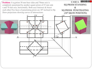 X Y
1
2
3
4
1’ 2’4’ 3’ 4” 1”3” 2”
300
c”
f”
a’
f’
c’
d’
b’
e’
CASE 6.
SQ.PRISM STANDING
&
SQ.PRISM PENETRATING
(300 SKEW POSITION)
Problem: A sq.prism 30 mm base sides.and 70mm axis is
completely penetrated by another square prism of 25 mm side
s.and 70 mm axis, horizontally. Both axes Intersect & bisect
each other.Two faces of penetrating prism are 300 inclined to Hp.
Draw projections showing curves of intersections.
 