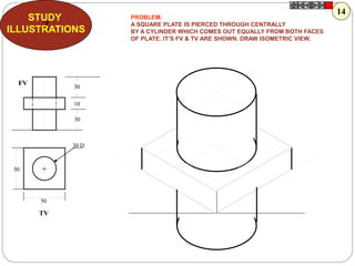 Z
STUDY
ILLUSTRATIONS
50
50
30 D
30
10
30
+
FV
TV
PROBLEM:
A SQUARE PLATE IS PIERCED THROUGH CENTRALLY
BY A CYLINDER WHICH COMES OUT EQUALLY FROM BOTH FACES
OF PLATE. IT’S FV & TV ARE SHOWN. DRAW ISOMETRIC VIEW.
14
 