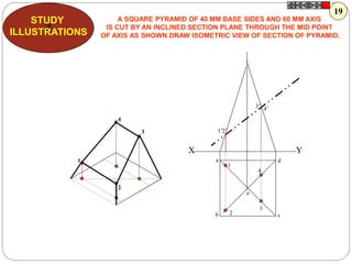 a
b c
d
1
2
3
4
o
1’
4’3’
2’
1
2
4
3
X Y
Z
STUDY
ILLUSTRATIONS
A SQUARE PYRAMID OF 40 MM BASE SIDES AND 60 MM AXIS
IS CUT BY AN INCLINED SECTION PLANE THROUGH THE MID POINT
OF AXIS AS SHOWN.DRAW ISOMETRIC VIEW OF SECTION OF PYRAMID.
19
 
