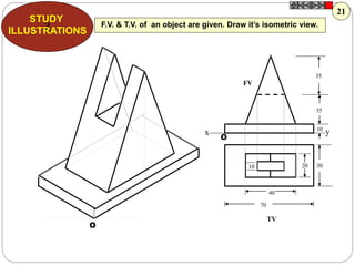 Z
STUDY
ILLUSTRATIONS
x y
FV
TV
35
35
10
302010
40
70
O
O
F.V. & T.V. of an object are given. Draw it’s isometric view.
21
 