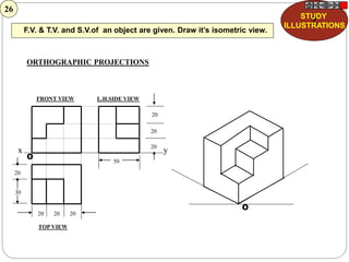 ORTHOGRAPHIC PROJECTIONS
FRONT VIEW
TOP VIEW
L.H.SIDE VIEW
x y
20
20
20
50
20 20 20
20
30
O
O
F.V. & T.V. and S.V.of an object are given. Draw it’s isometric view.
Z
STUDY
ILLUSTRATIONS
26
 
