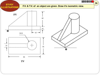 40
10
50
80
10
30 D 45
FV
TV
O
O
F.V. & T.V. of an object are given. Draw it’s isometric view.Z
STUDY
ILLUSTRATIONS
28
 