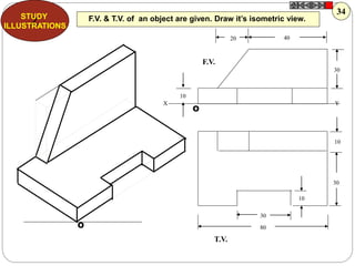O
O
10
10
30
10
30
4020
80
30
F.V.
T.V.
X Y
F.V. & T.V. of an object are given. Draw it’s isometric view.Z
STUDY
ILLUSTRATIONS
34
 